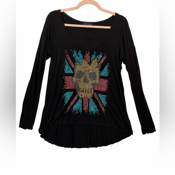The Classic Tops - The Classic Black Long-Sleeve Skull Studded Tee with Teal, Pink & Gold Accents